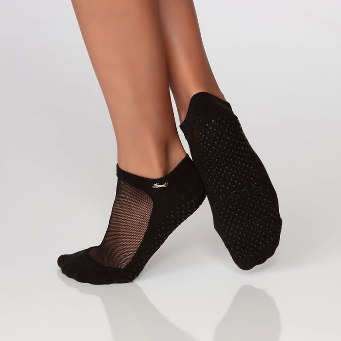 A fan favorite: Flow Black & Sheer Gala grip socks ✨ Sheer top with  beautiful intricate details, and Tucketts' signature open toes and